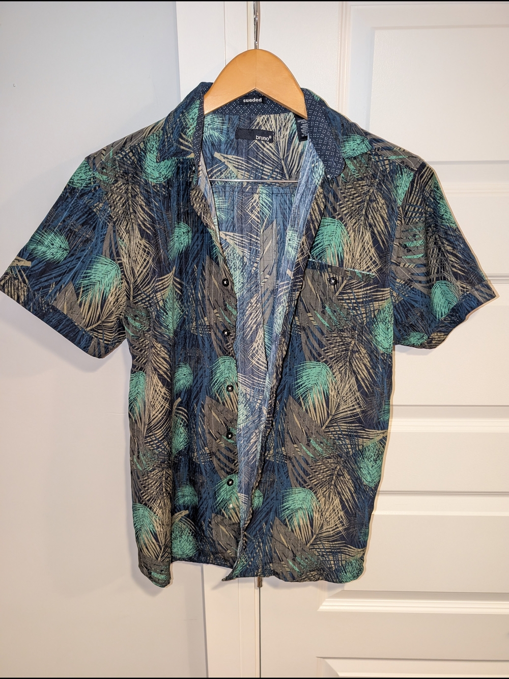 Casual Short-Sleeve Palm Print Button-Down Shirt - Teal & Navy